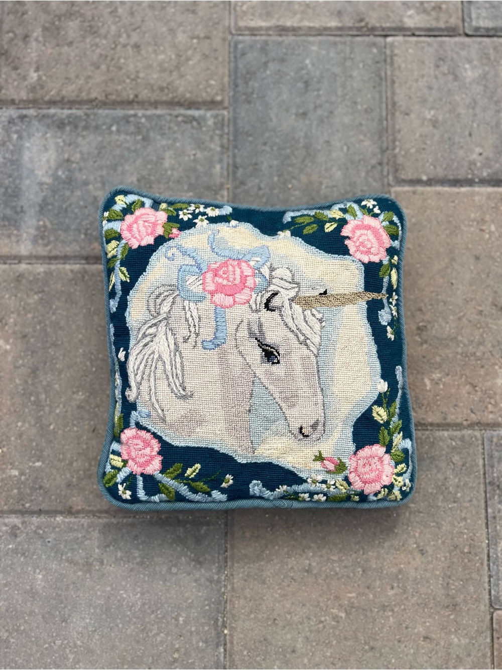 Vintage Magical Unicorn w/ Pink Roses & Ribbon Needlepoint Pillow 14x14”